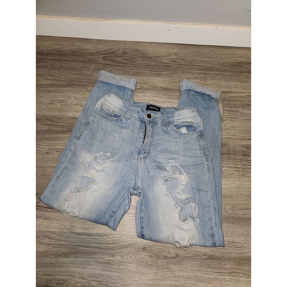 Womens Fashion Nova High Waisted Light Blue Distressed Boyfriend Denim Jeans | 9